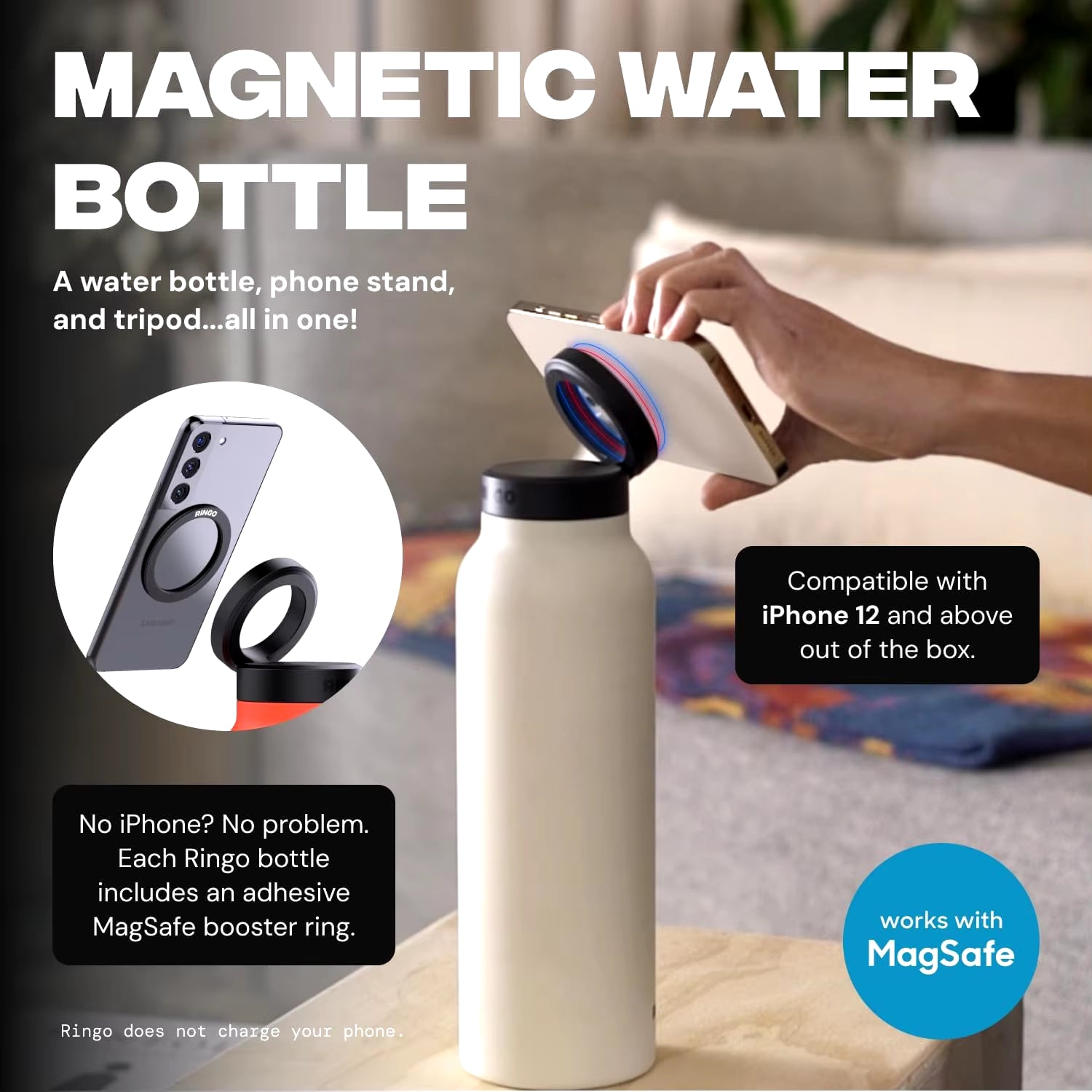 Water Bottle with Phone Holder,Stainless Steel Water Bottle with Magnetic Phone Tripod